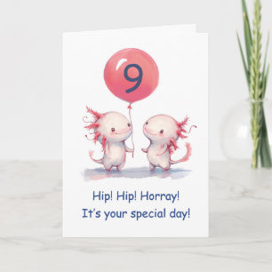 Axolotl 9th Birthday Wishes in Pink with a Balloon Card
