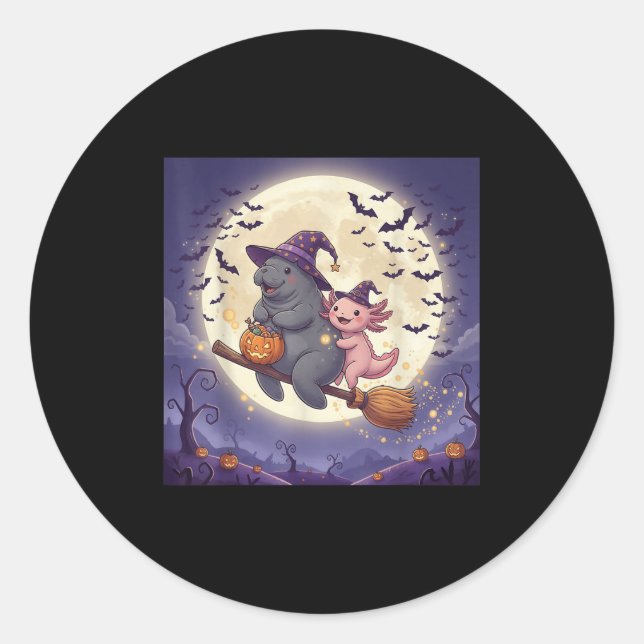 Axolotl And Manatee Witch Hat Pumpkin Halloween Co Classic Round Sticker (Front)