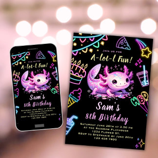 Axolotl Birthday Invitation Neon Axolotl Party