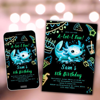 Axolotl Birthday Invitation Neon Boy Axolotl Party