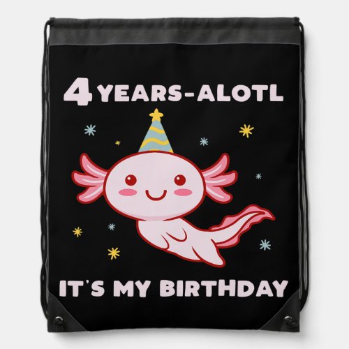Axolotl Birthday Party Hat 4 Years Old 4th BDay Drawstring Bag
