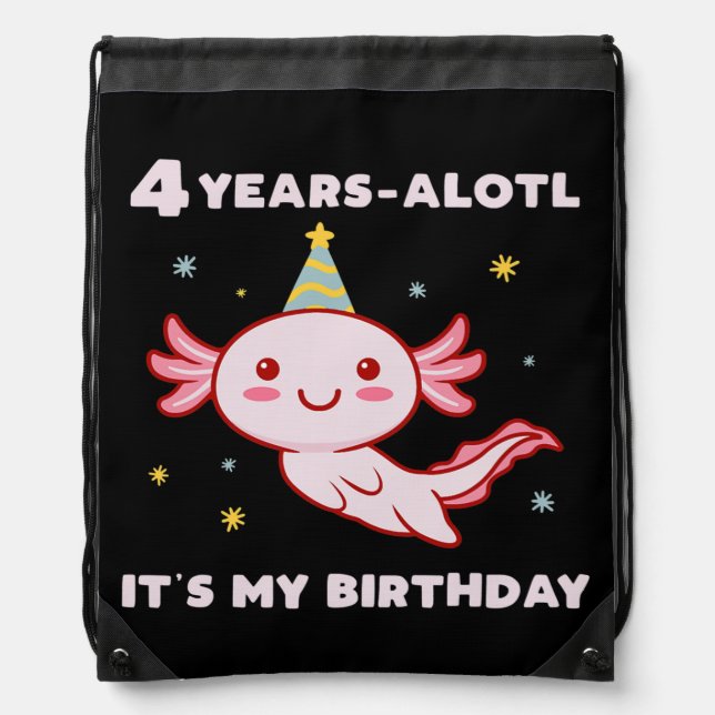Axolotl Birthday Party Hat 4 Years Old 4th BDay Drawstring Bag (Front)