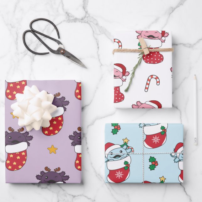 Axolotl Christmas Winter Animals Holiday Axolotls Wrapping Paper Sheets (Front)