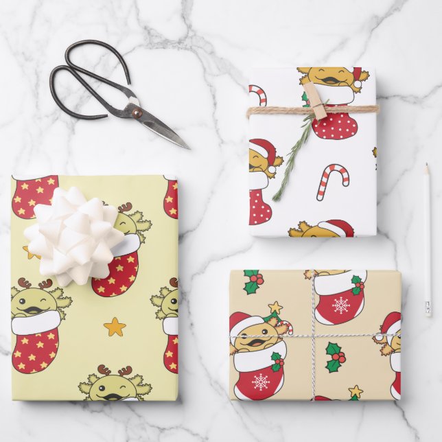 Axolotl Christmas Winter Animals Holiday Axolotls Wrapping Paper Sheets (Front)