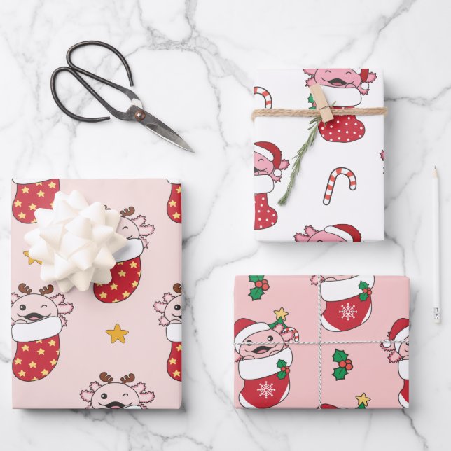 Axolotl Christmas Winter Animals Holiday Axolotls Wrapping Paper Sheets (Front)