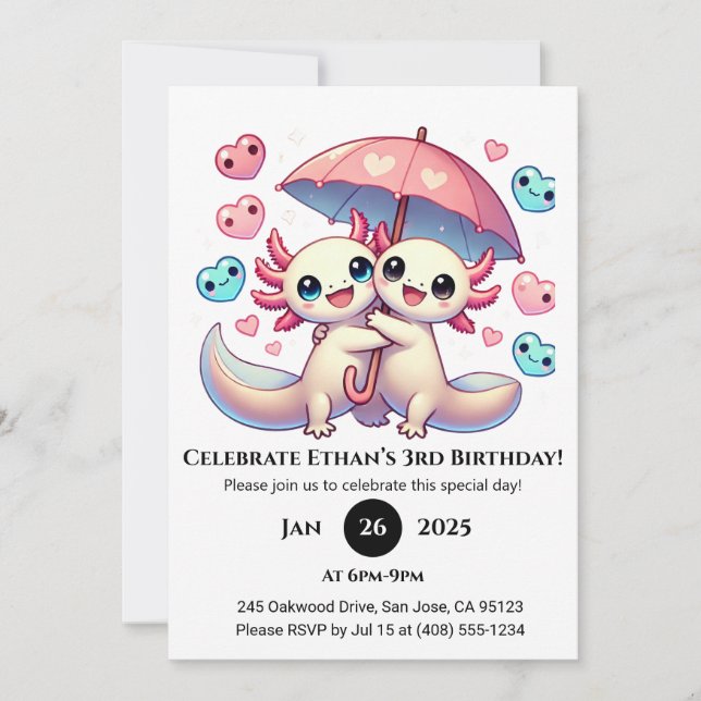 Axolotl Couple with Umbrella Birthday Invitation (Front)