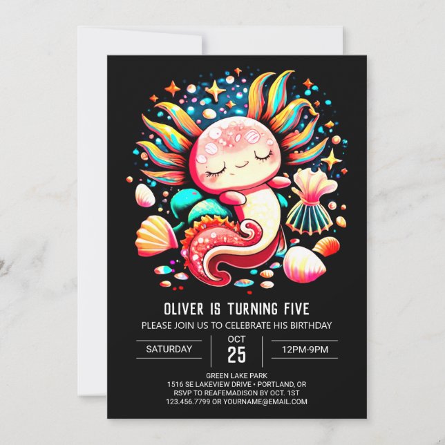 Axolotl Custom Watercolor Birthday Invitation (Front)