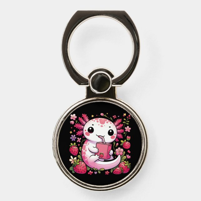 Axolotl Drinking Japanese Strawberry Milk  Phone Ring Stand (Front)