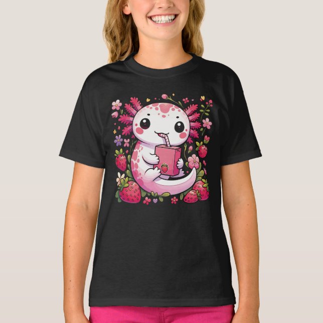 Axolotl Drinking Japanese Strawberry Milk  T-Shirt (Front)