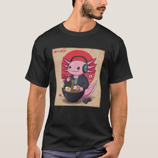 Axolotl Eating Japanese Ramen Gamer Noodles Kawaii T-Shirt (Front)