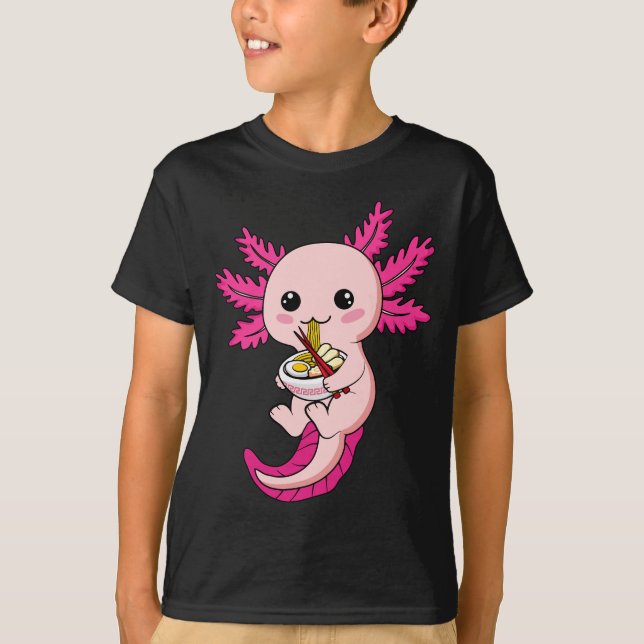 Axolotl Eating Ramen Noodles Kawaii Anime Boy T-Shirt (Front)