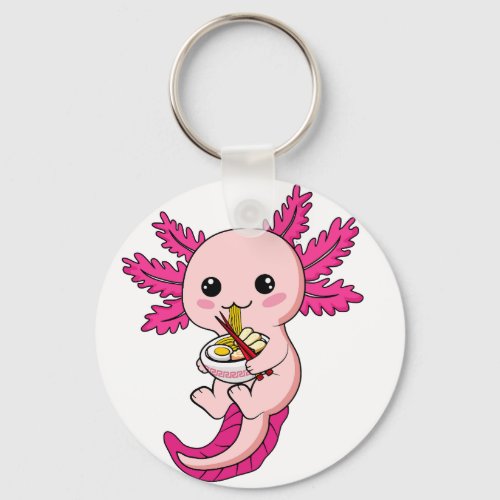Axolotl Eating Ramen Noodles Kawaii Anime Button K Keychain