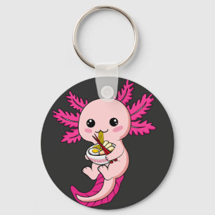 Axolotl Eating Ramen Noodles Kawaii Anime Button Keychain