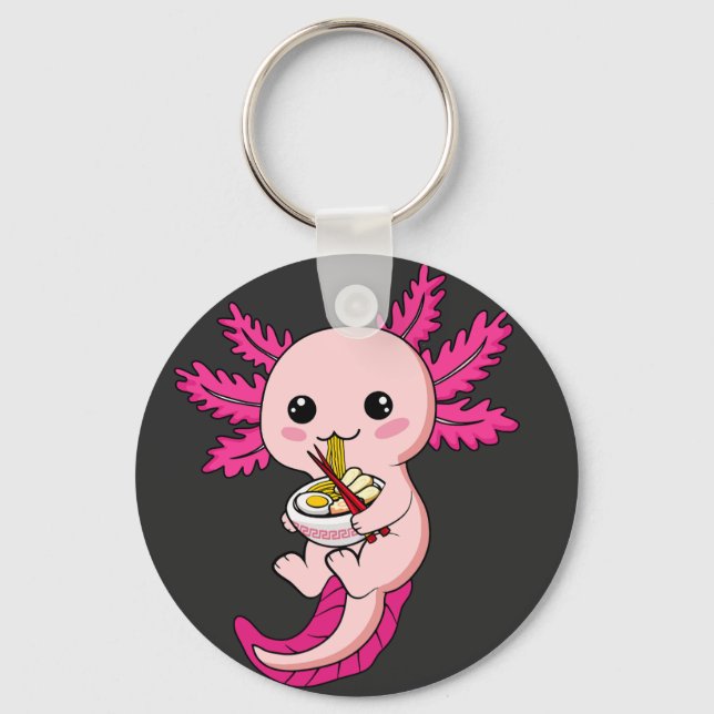 Axolotl Eating Ramen Noodles Kawaii Anime Button Keychain (Front)
