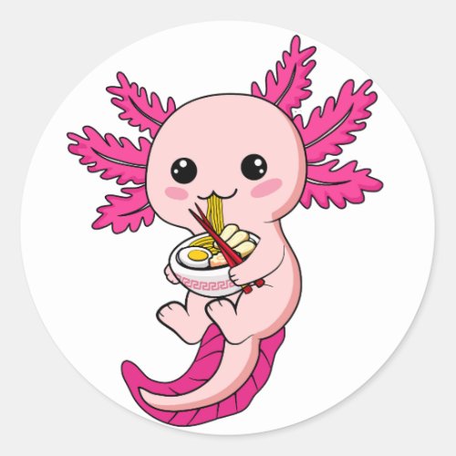Axolotl Eating Ramen Noodles Kawaii Anime Classic  Classic Round Sticker
