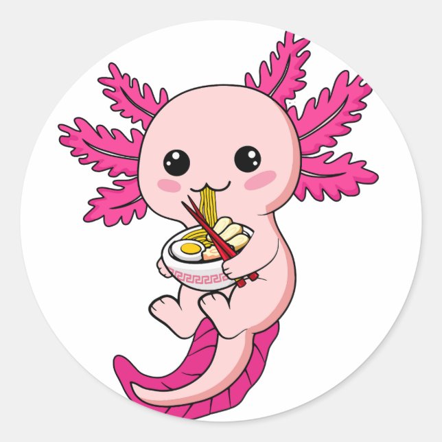 Axolotl Eating Ramen Noodles Kawaii Anime Classic  Classic Round Sticker (Front)