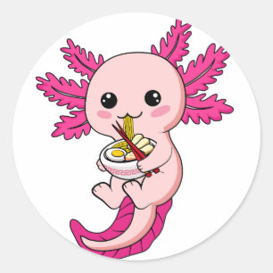 Axolotl Eating Ramen Noodles Kawaii Anime Classic Classic Round Sticker