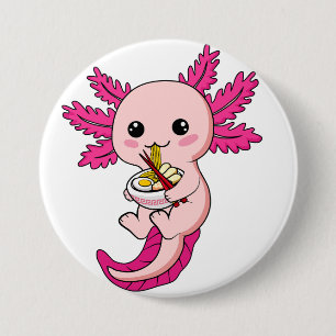 Axolotl Eating Ramen Noodles Kawaii Anime Round Bu Button