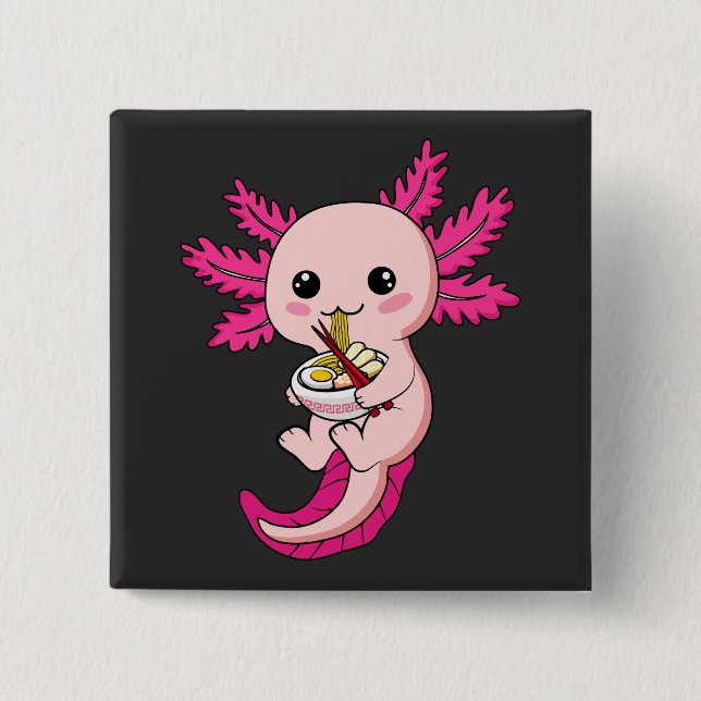 Axolotl Eating Ramen Noodles Kawaii Anime Square Button (Front)