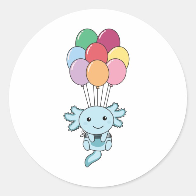 Axolotl Flies Up With Colorful Balloons Classic Round Sticker (Front)