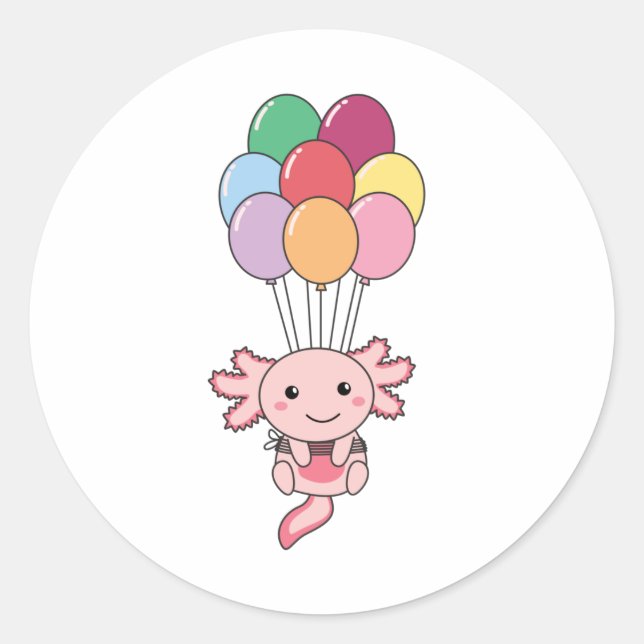 Axolotl Flies Up With Colorful Balloons Classic Round Sticker (Front)