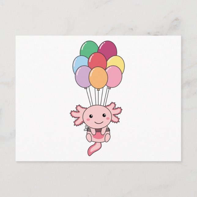 Axolotl Flies Up With Colorful Balloons Postcard (Front)