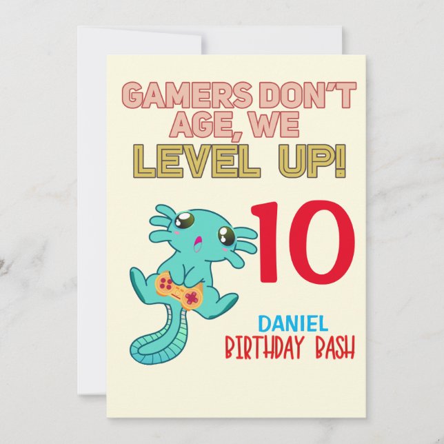 Axolotl Gamer Birthday Boy Video Game Party  Invitation (Front)