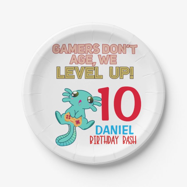Axolotl Gamer Birthday Boy Video Game Party  Paper Plates (Front)