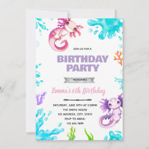 Axolotl girl birthday invitation