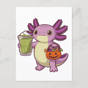 Axolotl Holding Halloween Basket and Matcha Invitation Postcard