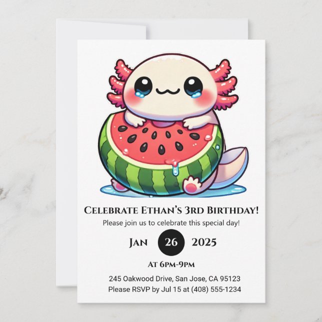 Axolotl in Watermelon Float Birthday Invitation (Front)