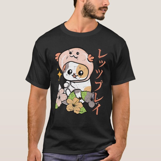 Axolotl - Kawaii Anime Cat - Flowers Japanese Aest T-Shirt (Front)