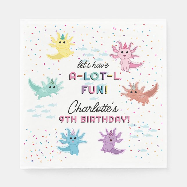 Axolotl Kids Cute Salamander Birthday Party Napkins (Front)