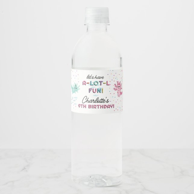 Axolotl Kids Cute Salamander Birthday Party Water Bottle Label (Front)