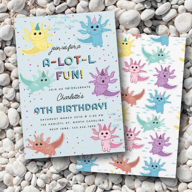 Axolotl Kids Cute Salamander Blue Birthday Party Invitation (Axolotl Kids Cute Salamander Blue Birthday Party Invitation)