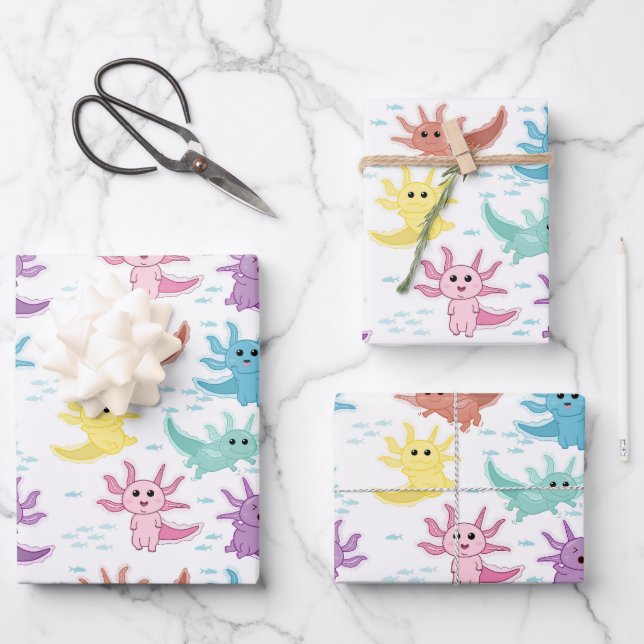 Axolotl Kids Cute Salamander Pattern Wrapping Paper Sheets (Front)
