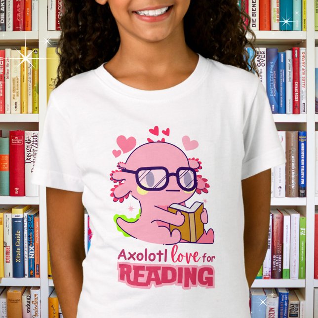 Axolotl Love for Reading Adorable Kid's  T-Shirt (Shown in white. Available in boys, girls, multiple styles and colors. )