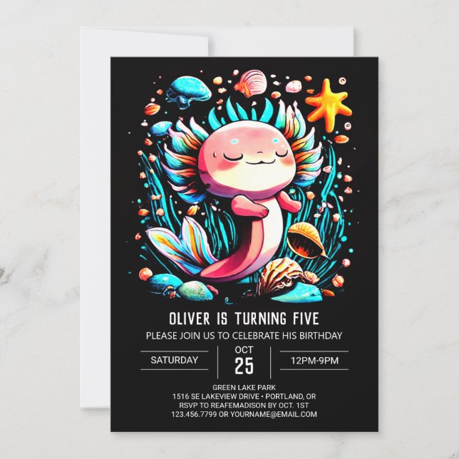Axolotl Magical Watercolor Birthday Invitation (Front)