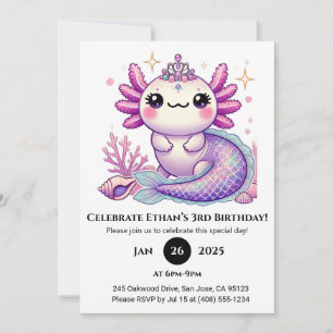 Axolotl Mermaid Princess Birthday Invitation