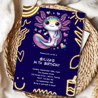 Axolotl neon laser birthday party invitation