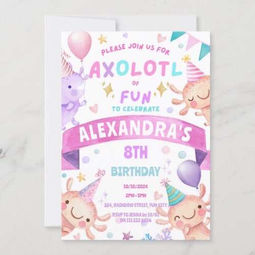 Axolotl Pink Girl Cute Salamander Aquatic Birthday Invitation