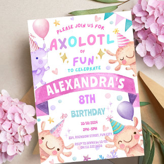 Axolotl Pink Girl Cute Salamander Aquatic Birthday Invitation
