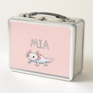 Axolotl Pink Teal Personalized Kid Cute Salamander Metal Lunch Box