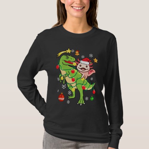 Axolotl Riding Dinosaur T Rex Kids Youth Christmas T_Shirt
