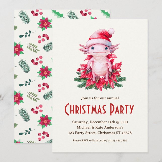 Axolotl Santa Hat Poinsettias Christmas Party Invitation (Front/Back)