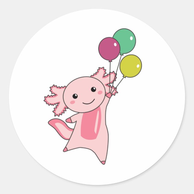 Axolotl Sweet Animal Flies With Balloons Up Classic Round Sticker (Front)