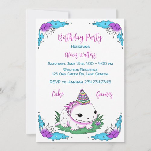 Axolotl Themed Girls Birthday  Invitation