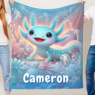 Axolotl Underwater Neon Boy Axolotl  Fleece Blanket
