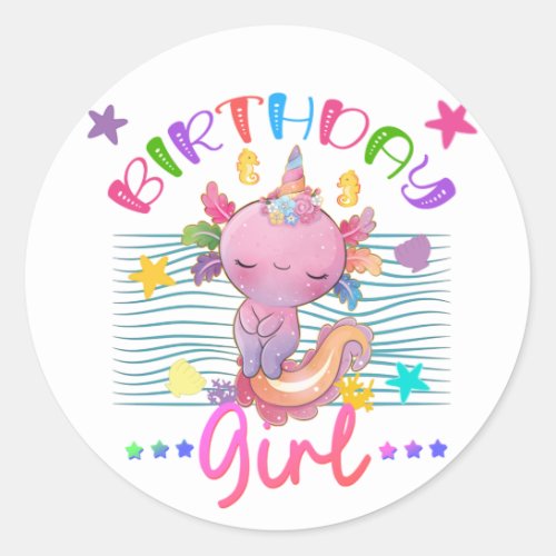 Axolotl Unicorn Birthday Girl Party Theme Colorful Classic Round Sticker