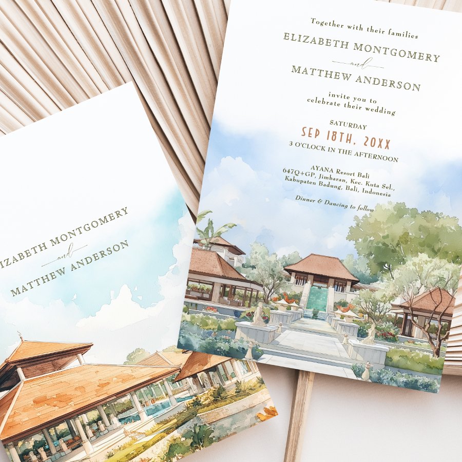 AYANA Resort | BALI Wedding Watercolor Scenery                    Invitation